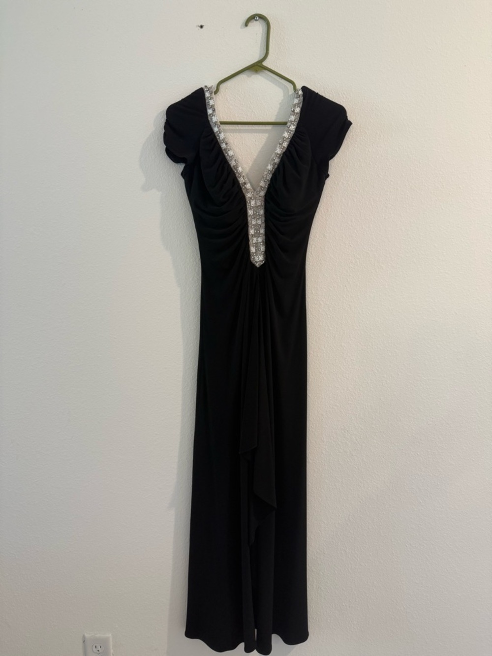 JS Boutique Black Evening Gown with Silver Crystal V-Neck